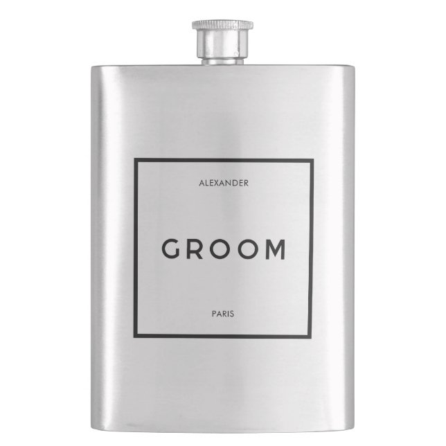 Chic Minimal French Black & White Groom Name Hip Flask (Front)