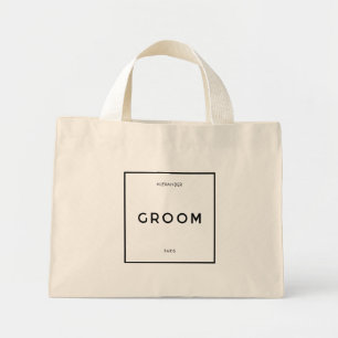 Chic Minimal French Black & White Groom Name Mini Tote Bag