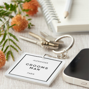 Chic Minimal French Black & White Groomsman Name Key Ring