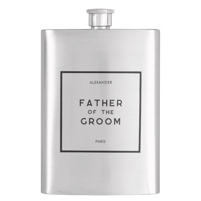 Chic Minimal French Monochrome Father Of The Groom Hip Flask (Front)