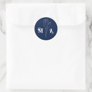 Chic Minimal Midnight Blue Floral Initials Classic Round Sticker