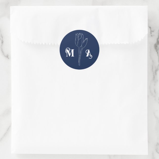 Chic Minimal Midnight Blue Floral Initials Classic Round Sticker (Bag)