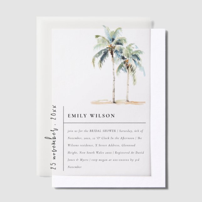 Chic Minimal Palm Trees Tropical Bridal Shower Vellum Invitations (Offset)