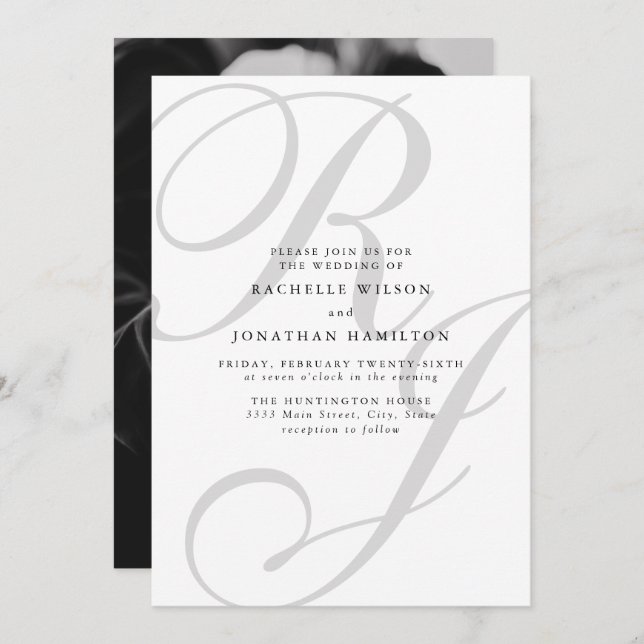Chic Minimal Photo Black White Monogram Wedding  Invitation (Front/Back)