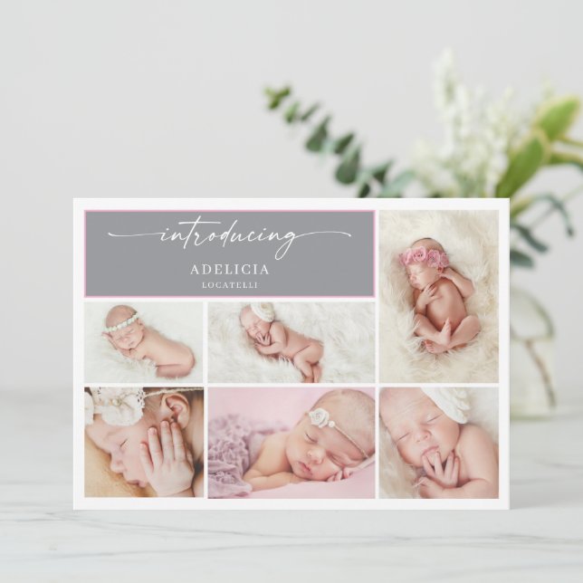 Chic Minimal Photo Collage Baby Announcement Card (Standing Front)