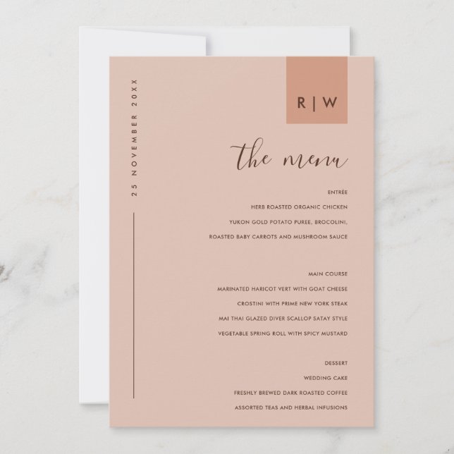 Chic Minimal Rust Pink Peach Typography Menu Card (Front)