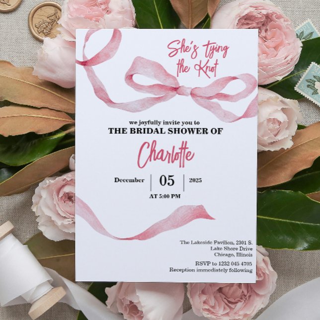 Chic Minimal She's Tying the Knot Bridal Shower  Invitation (she's tying the knot pink bridal shower elegant minimal feminine typography whimsical simple)