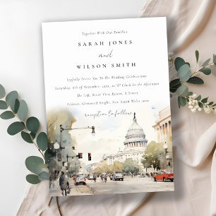 Chic Minimal Washington DC, USA Watercolor Wedding Invitation