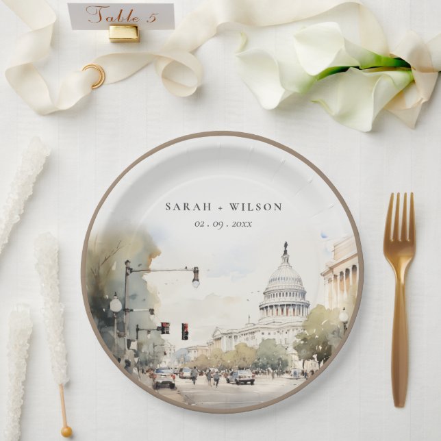 Chic Minimal Washington DC, USA Watercolor Wedding Paper Plate (Wedding)