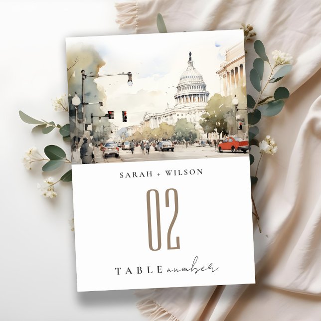 Chic Minimal Washington DC, USA Watercolor Wedding Table Number (Creator Uploaded)