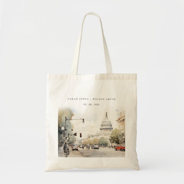 Chic Minimal Washington DC, USA Watercolor Wedding Tote Bag (Front)