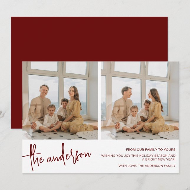 Chic Minimalist 2 Family Photo Red Christmas Holiday Card (Front/Back)