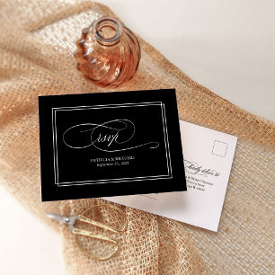 Chic Minimalist Black Script Wedding RSVP Postcard