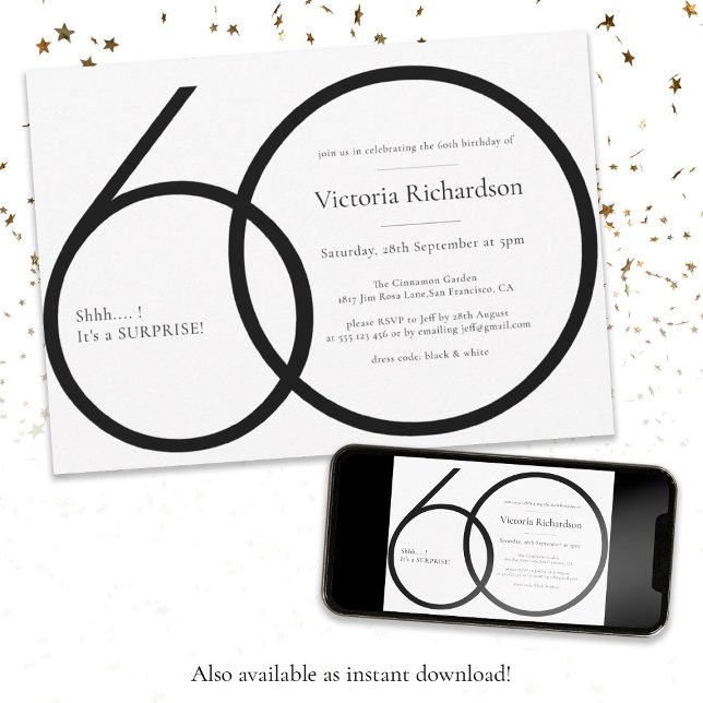 Chic Minimalist Black White Surprise 60th Birthday Invitation (Surprise 60th Birthday Chic Minimalist Black White Invitation)