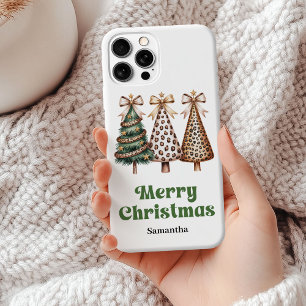 Chic Minimalist Christmas trees green gold leopard iPhone 15 Mini Case