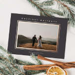 Chic Minimalist Elegance Dark Grey Christmas Photo Foil Holiday Card<br><div class="desc">This elegant holiday photo card features one horizontal photo, classic raised foil frame around the photo, and a greeting in raised foil over a dark grey background. The greeting on the front is editable so it's easily changed to anything you like. The back of the card is the same dark...</div>