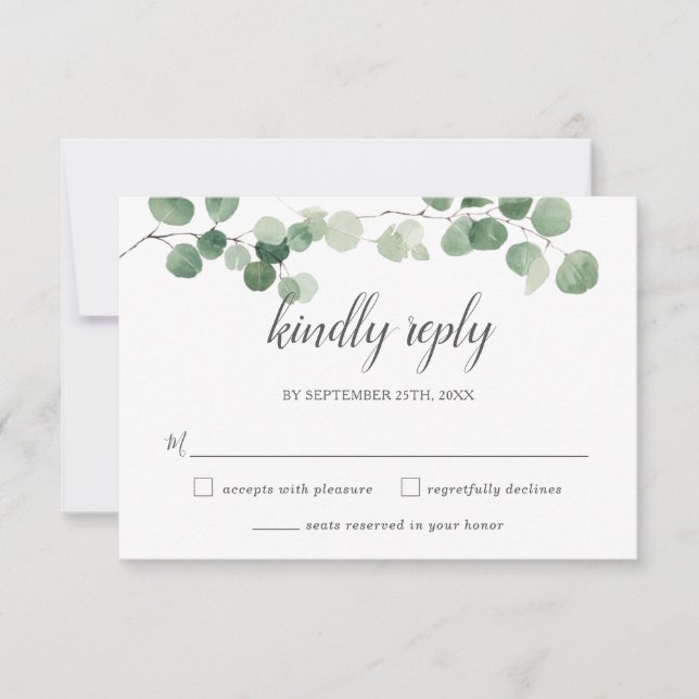 Chic Minimalist Eucalyptus Greenery Reply Wedding  RSVP Card (Front)