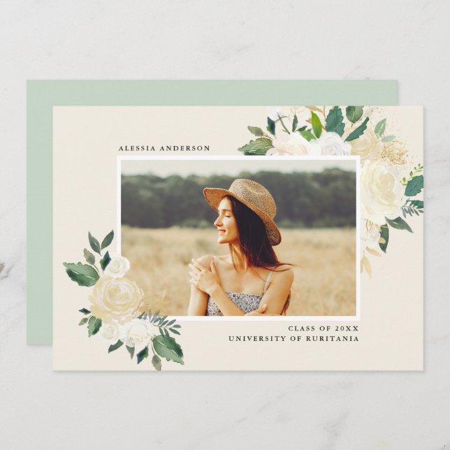 Chic Minimalist Floral Photo Graduation Party Invitation (Front/Back)