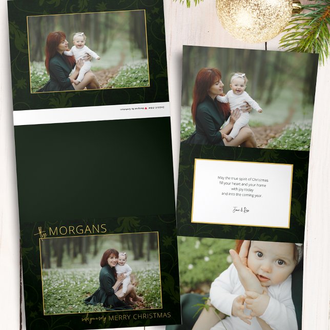 Chic Minimalist Green Damask Christmas Photo Tri-Fold Holiday Card (Creator Uploaded)