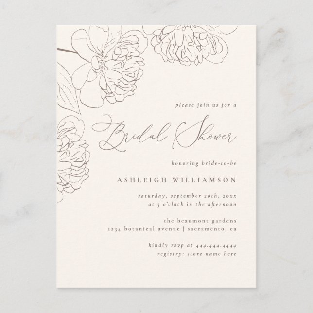 Chic Minimalist Hand-drawn Peonies Bridal Shower Invitation Postcard (Front)