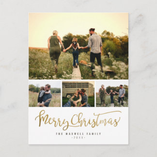 Chic Minimalist Merry Christmas 4 Photo Collage Holiday Postcard