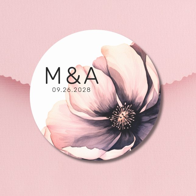 Chic Minimalist Modern Pink Floral Wedding Classic Round Sticker (Chic Minimalist Modern Pink Boho Floral Wedding Classic Round Sticker)