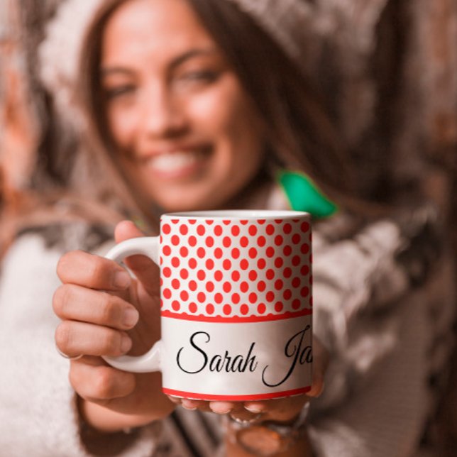 Chic Minimalist Red Polka Dots Pattern Custom Name Large Coffee Mug (Creator Uploaded)