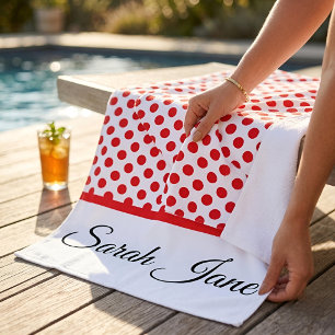 Chic Minimalist Red & White Polka Dots Custom Name Beach Towel