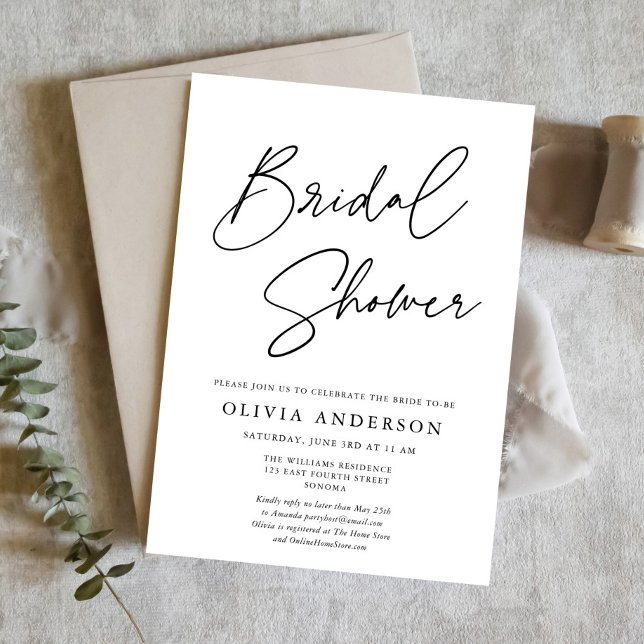 Chic Minimalist Script Black & White Bridal Shower Invitation (Creator Uploaded)