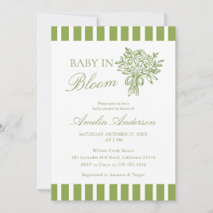 Chic Minimalist Stripe Green Floral baby shower Invitation