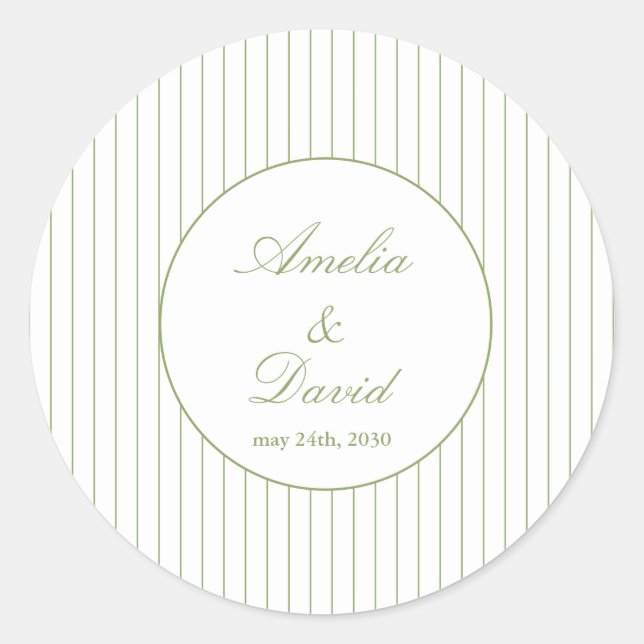 Chic Minimalist Stripe Green Wedding  Classic Round Sticker (Front)