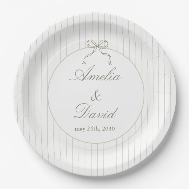 Chic Minimalist Stripe Green Wedding  Paper Plate (Front)