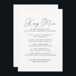 Chic Minimalist Wedding Kissing Menu Game Card<br><div class="desc">This chic minimalist wedding kissing menu game card is perfect for a rustic wedding reception. The simple and elegant design features classic and fancy script typography in black and white.</div>