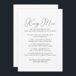 Chic Minimalist Wedding Kissing Menu Game Card<br><div class="desc">This chic minimalist wedding kissing menu game card is perfect for a rustic wedding reception. The simple and elegant design features classic and fancy script typography in black and white.</div>