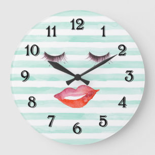 Chic Mint and White Stripes Lips and Eyelashes Large Clock