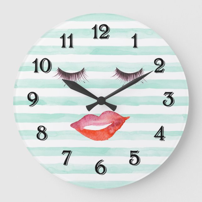 Chic Mint and White Stripes Lips and Eyelashes Large Clock (Front)