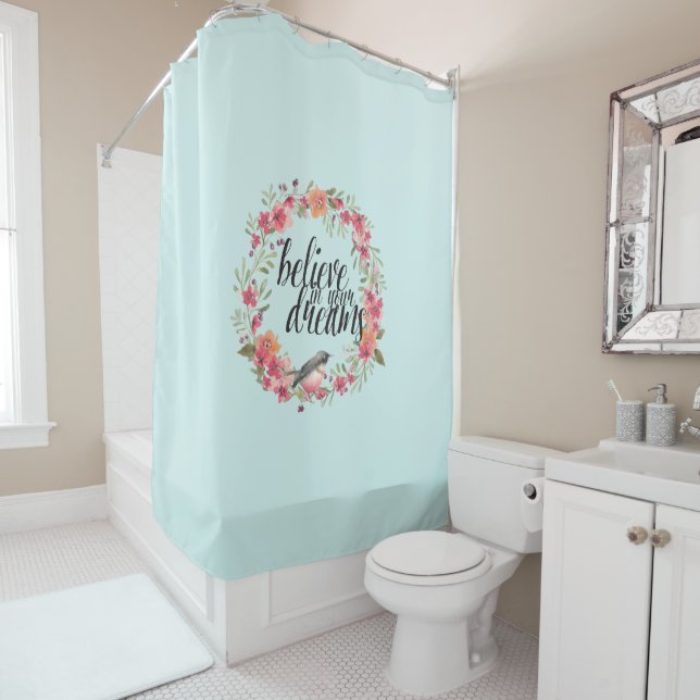 Chic Mint Believe in Your Dreams Bird Pink Floral  Shower Curtain (In Situ)