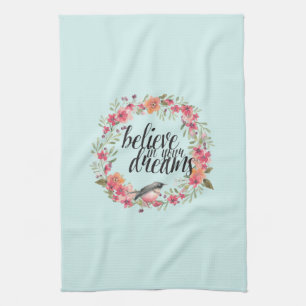 Chic Mint Believe in Your Dreams Bird Pink Floral Tea Towel