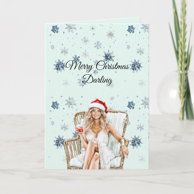 Chic Mint Blue Snowflakes Blond Hair Female Card (Front)