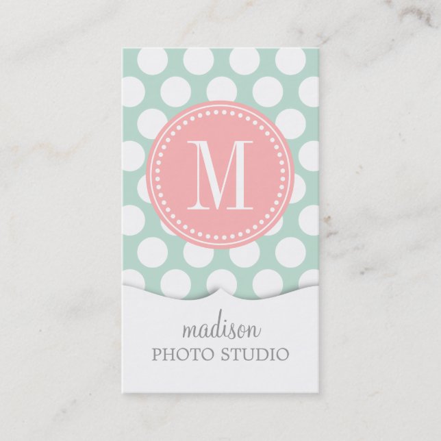 Chic Mint & Blush Pink Big Dots Monogrammed Business Card (Front)