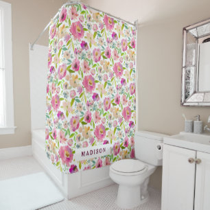 Chic Mint & Blush Pink Watercolor Floral Monogram Shower Curtain