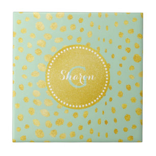 Chic mint faux gold glitter cheetah print monogram ceramic tile