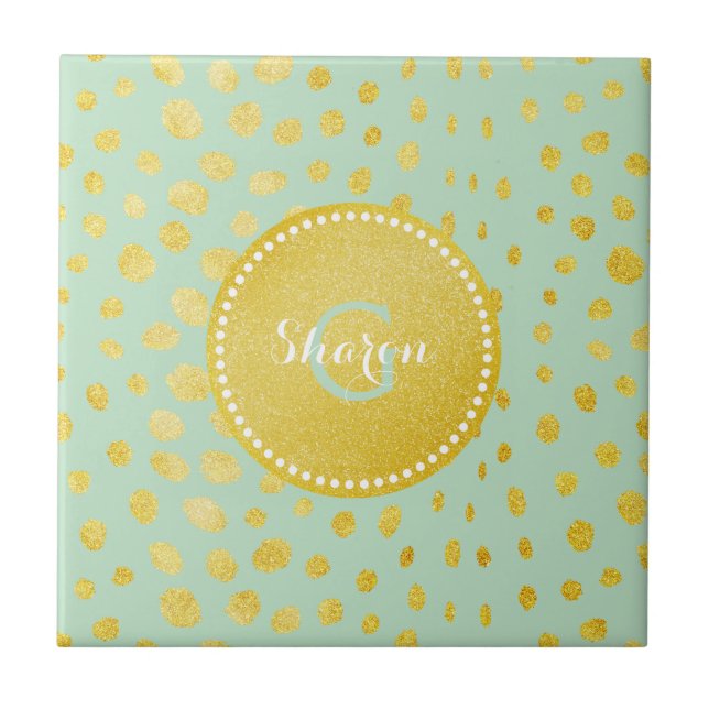 Chic mint faux gold glitter cheetah print monogram ceramic tile (Front)