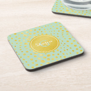 Chic mint faux gold glitter cheetah print monogram coaster