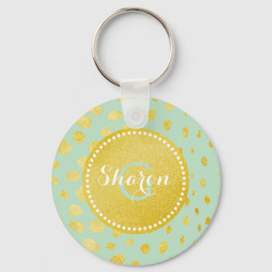 Chic mint faux gold glitter cheetah print monogram key ring