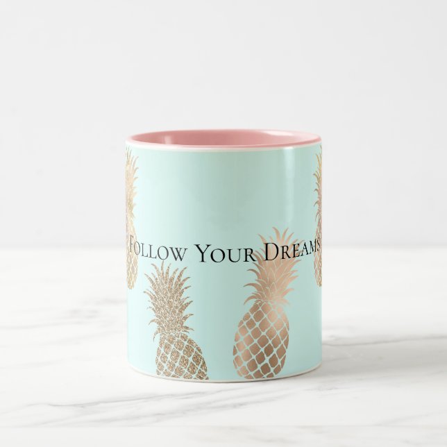 Chic Mint Gold Glam Pineapples Two-Tone Coffee Mug (Center)