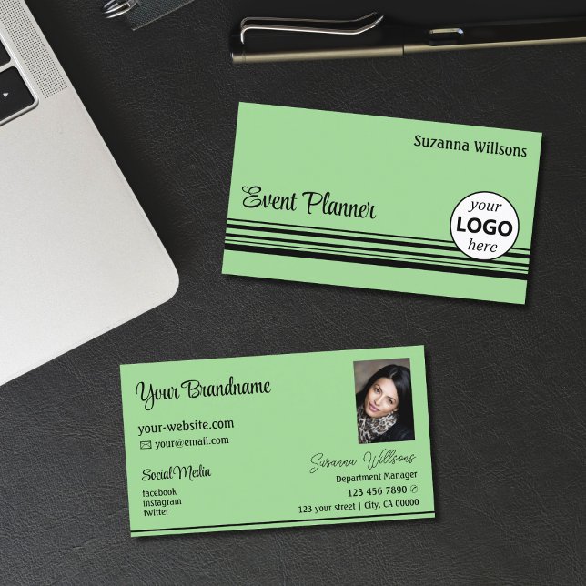 Chic Mint Green Black Stripes with Logo and Photo Business Card (Creator Uploaded)