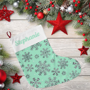 Chic Mint Green Christmas w/ Elegant Snowflakes Large Christmas Stocking