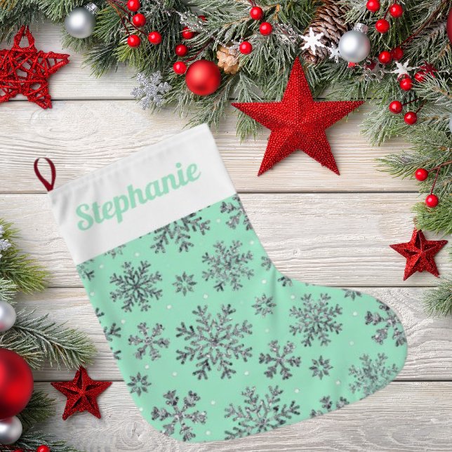 Chic Mint Green Christmas w/ Elegant Snowflakes Large Christmas Stocking (Creator Uploaded)