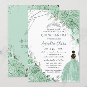 Chic Mint Green Floral Princess Silver Quinceañera Invitation